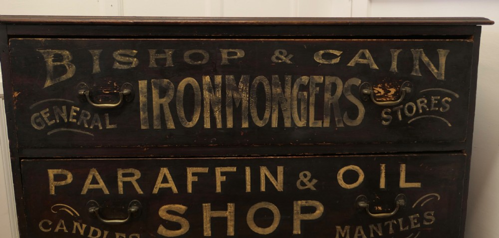 Painted Pine Chest of Drawers, Advertising Bishop and Cain Ironmongers View V