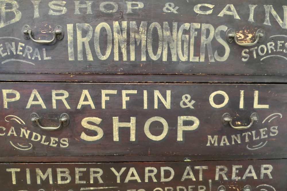 Painted Pine Chest of Drawers, Advertising Bishop and Cain Ironmongers View VI