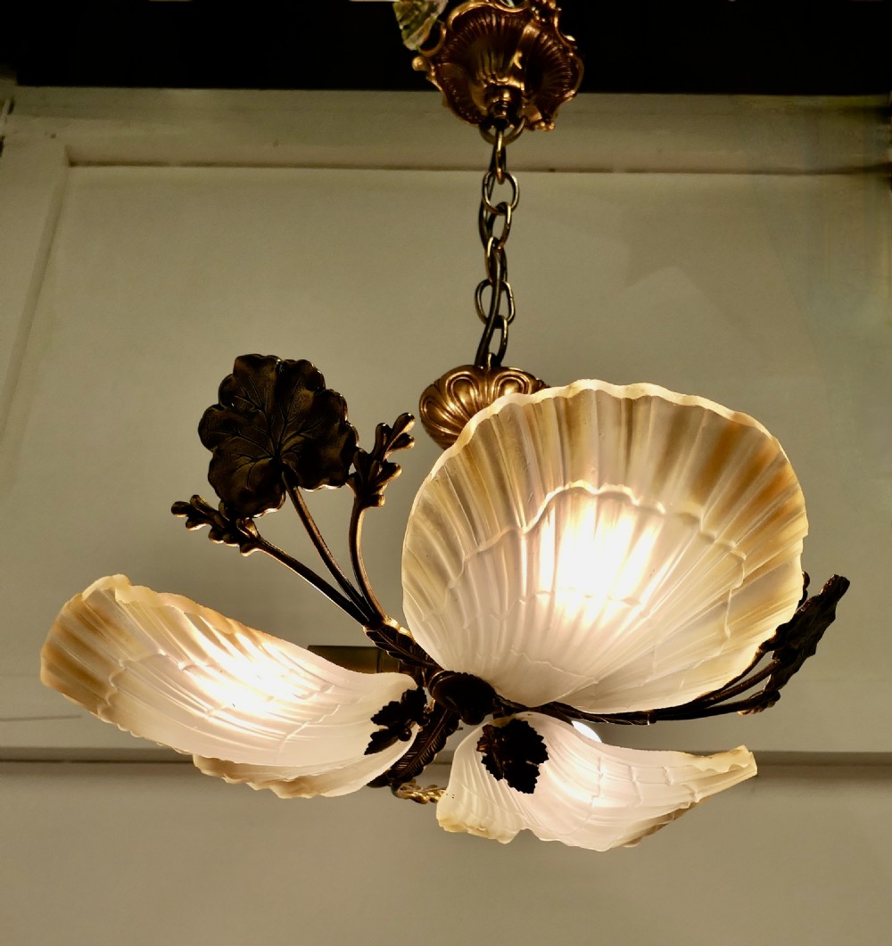 Italian Art Deco Bronze and Art Glass up Light Pendant View VI
