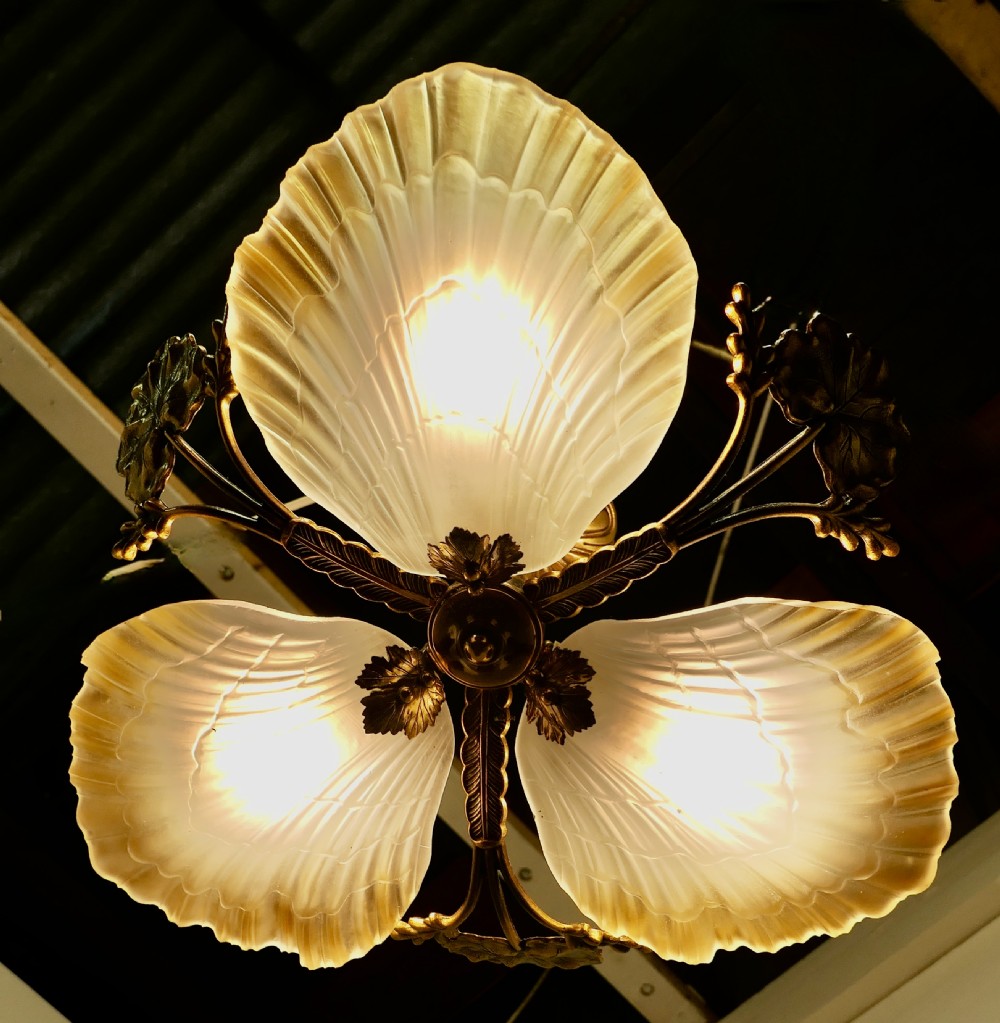 Italian Art Deco Bronze and Art Glass up Light Pendant View VII