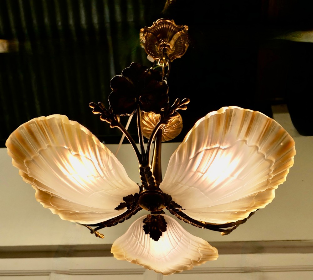 Italian Art Deco Bronze and Art Glass up Light Pendant View VIII