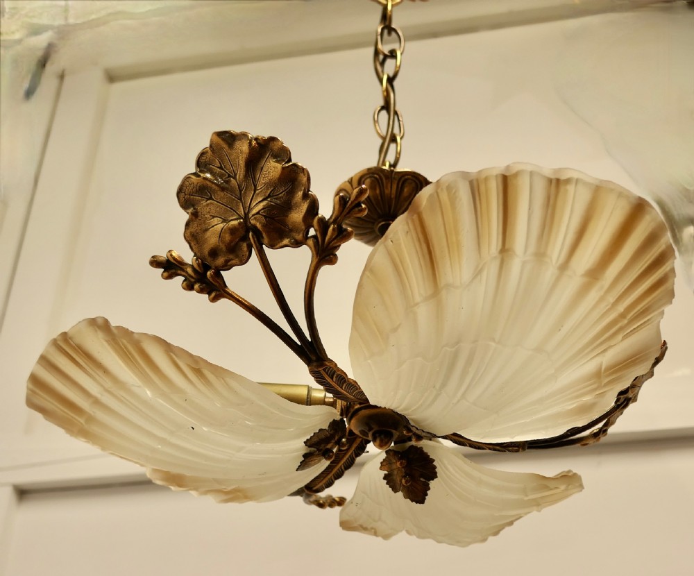 Italian Art Deco Bronze and Art Glass up Light Pendant View IX