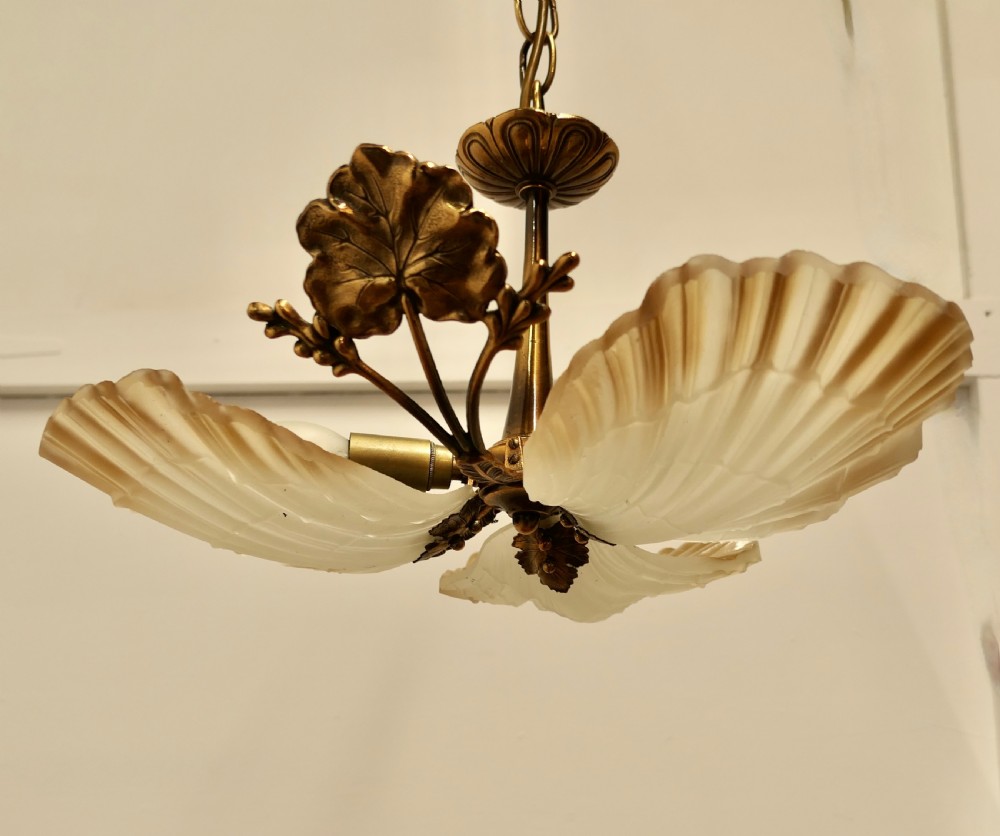 Italian Art Deco Bronze and Art Glass up Light Pendant View XI