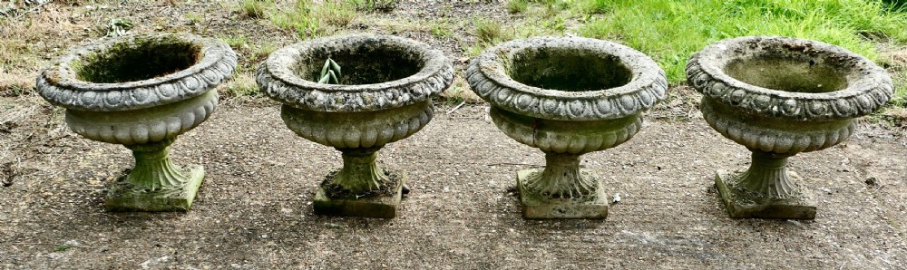 Set of 4 Large Weathered Cast Stone Garden Urns Planters View II