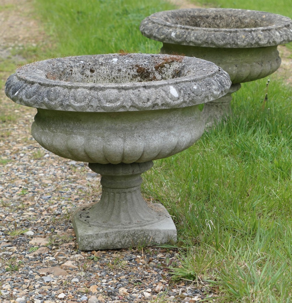 Set of 4 Large Weathered Cast Stone Garden Urns Planters View III