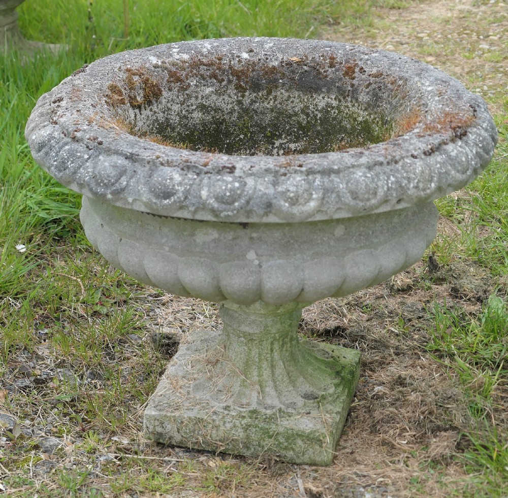 Set of 4 Large Weathered Cast Stone Garden Urns Planters View IV
