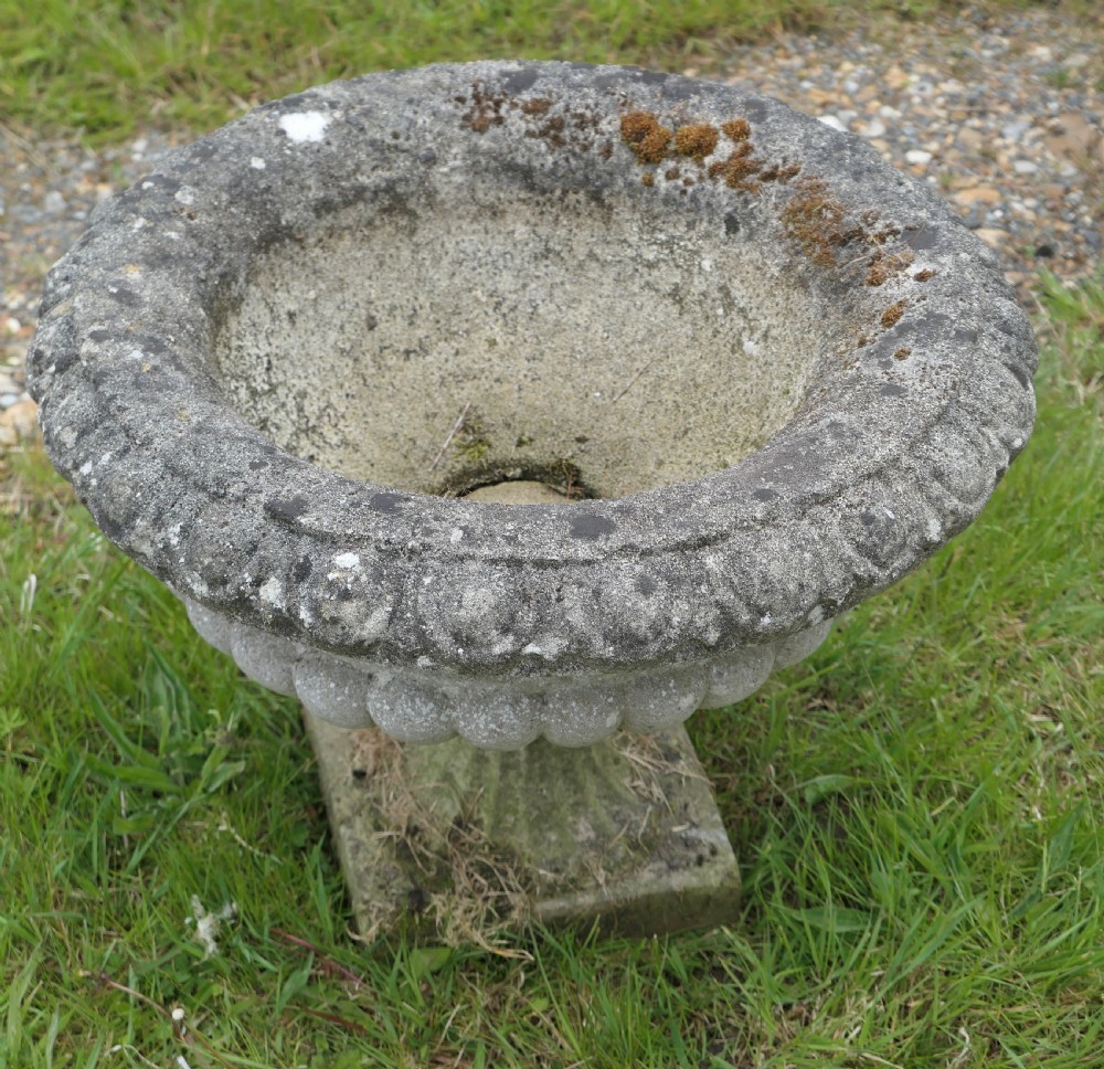 Set of 4 Large Weathered Cast Stone Garden Urns Planters View VI