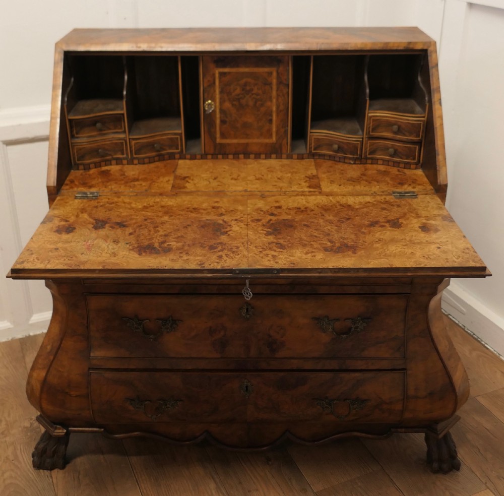 Dutch Bombe Three Drawer Burr Walnut Bureau View IV