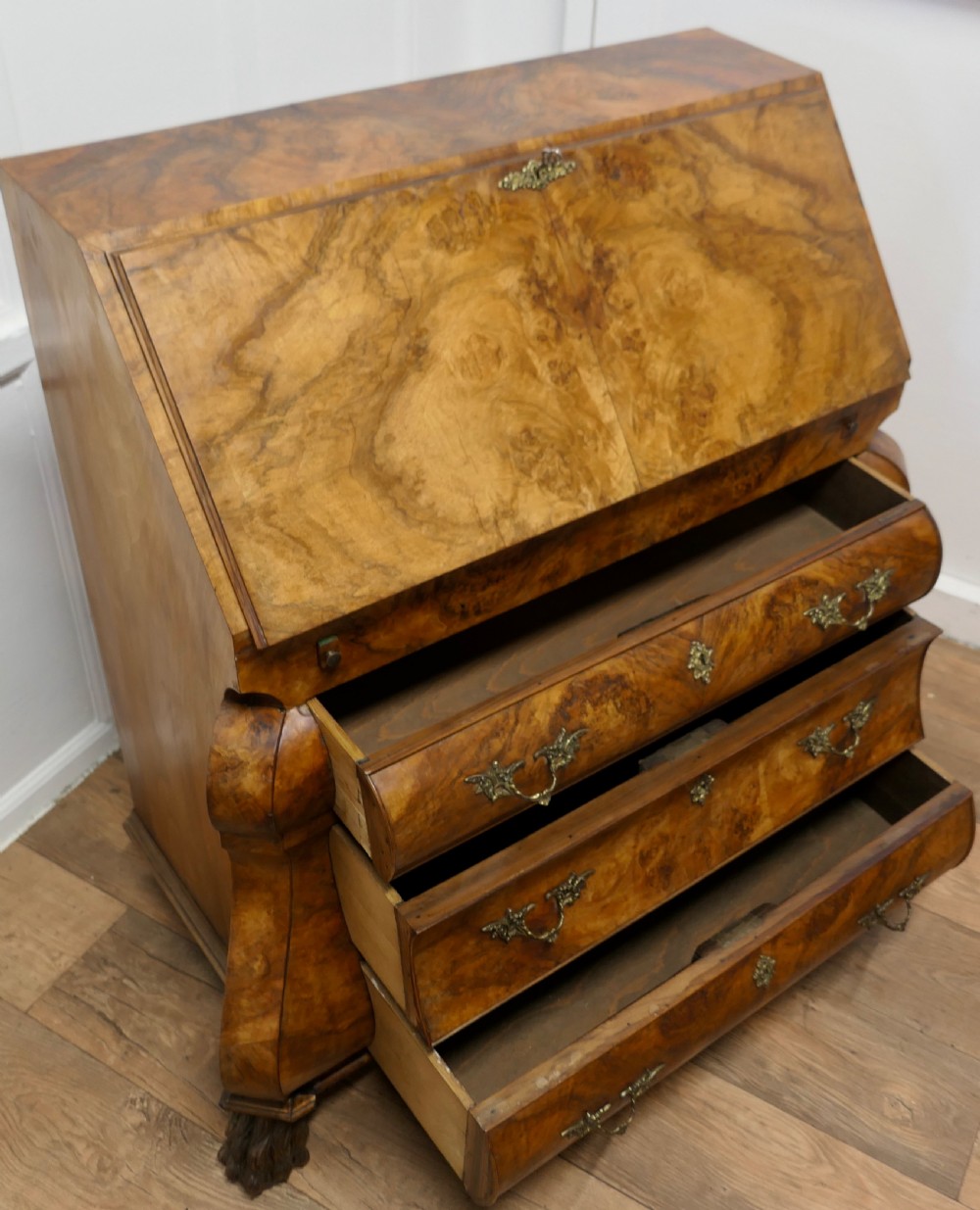 Dutch Bombe Three Drawer Burr Walnut Bureau View VIII
