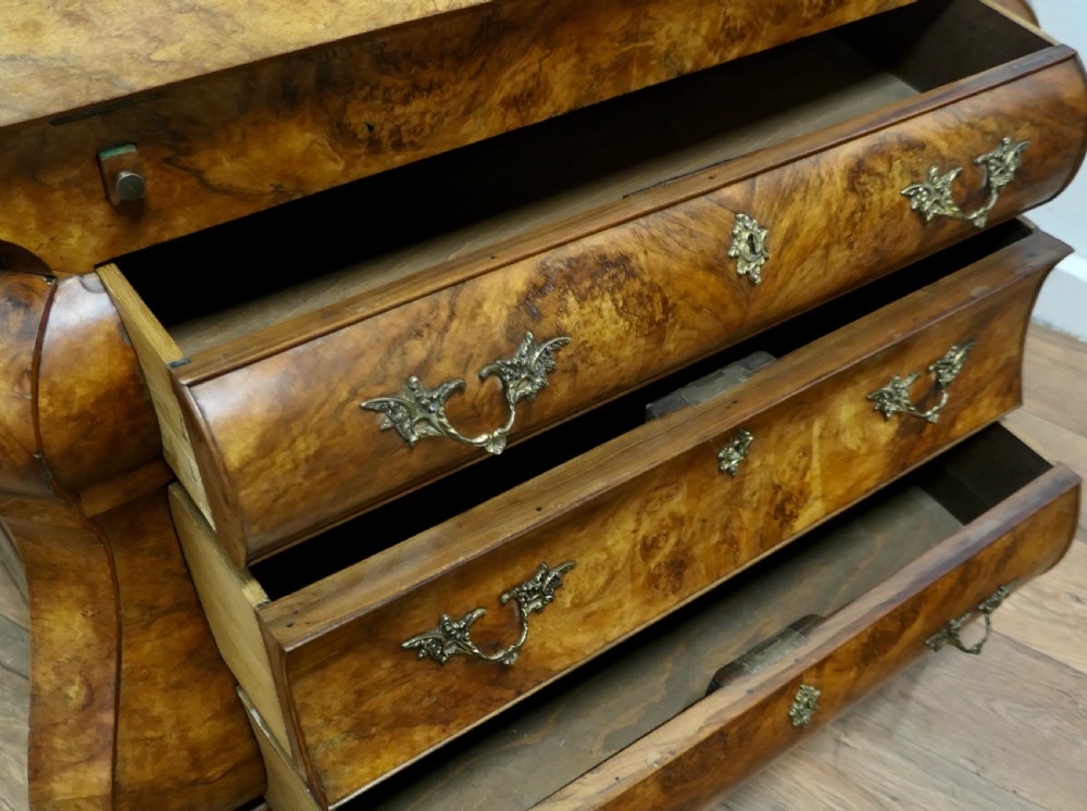 Dutch Bombe Three Drawer Burr Walnut Bureau View IX