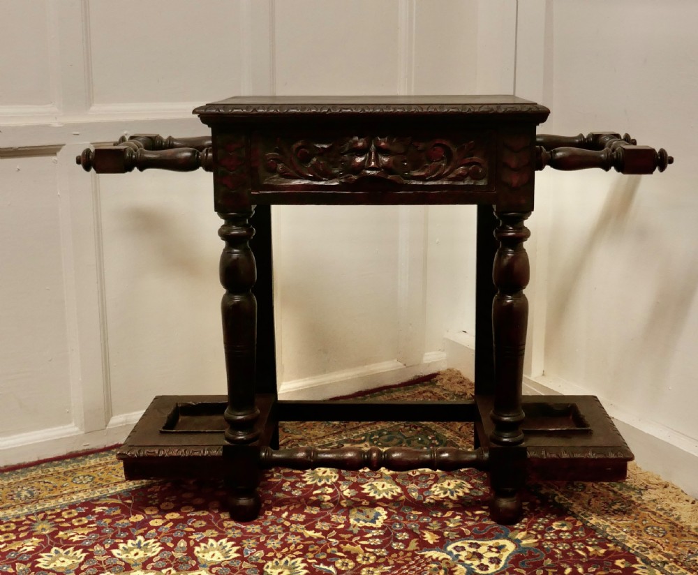 Victorian Carved Gothic Oak Hall Table, Stick Stand 