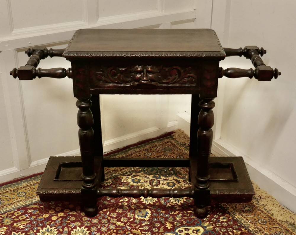 Victorian Carved Gothic Oak Hall Table, Stick Stand  View II
