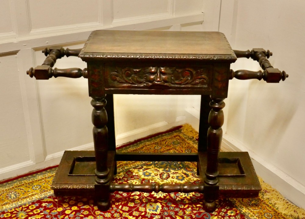 Victorian Carved Gothic Oak Hall Table, Stick Stand  View III