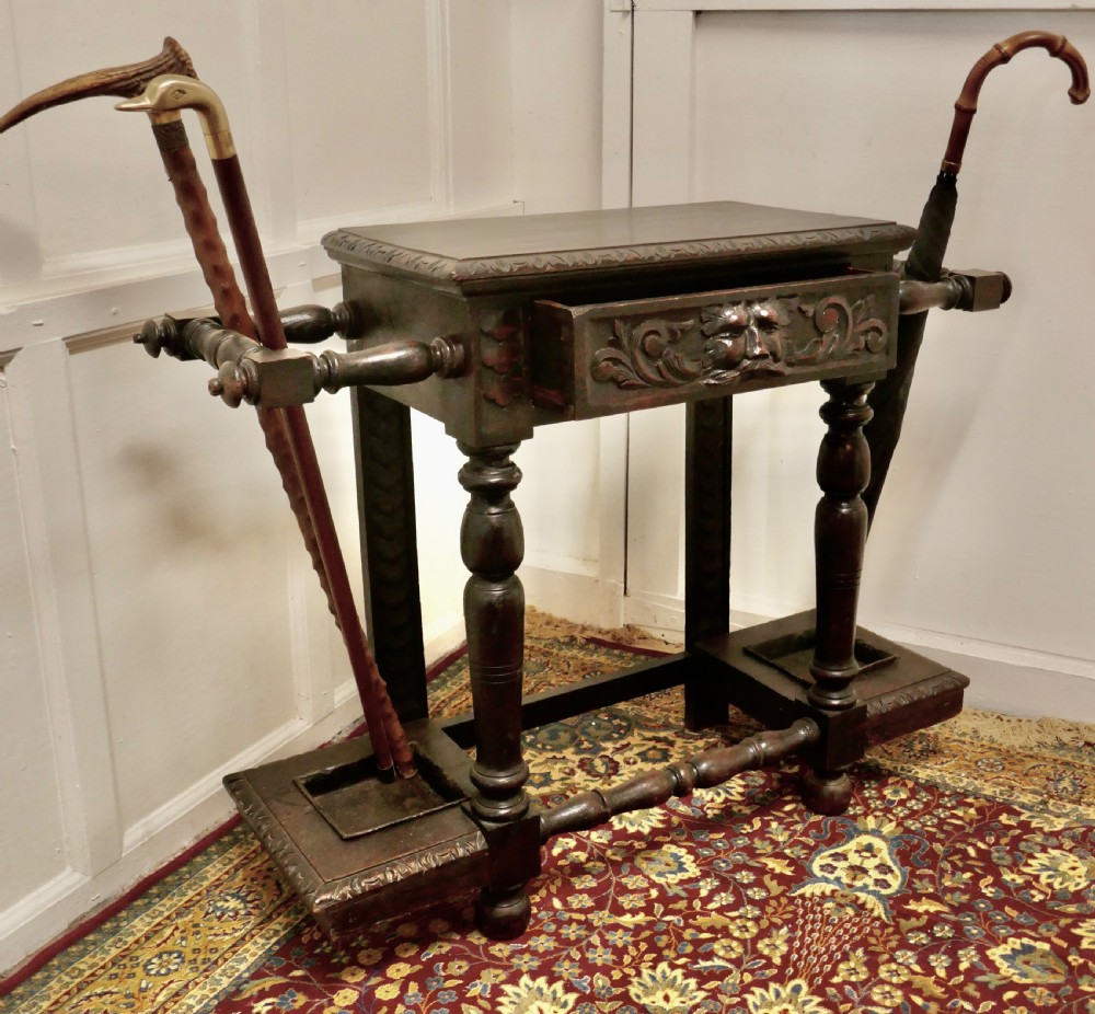 Victorian Carved Gothic Oak Hall Table, Stick Stand  View IV