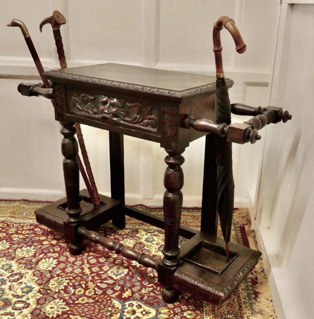 Victorian Carved Gothic Oak Hall Table, Stick Stand  View VII