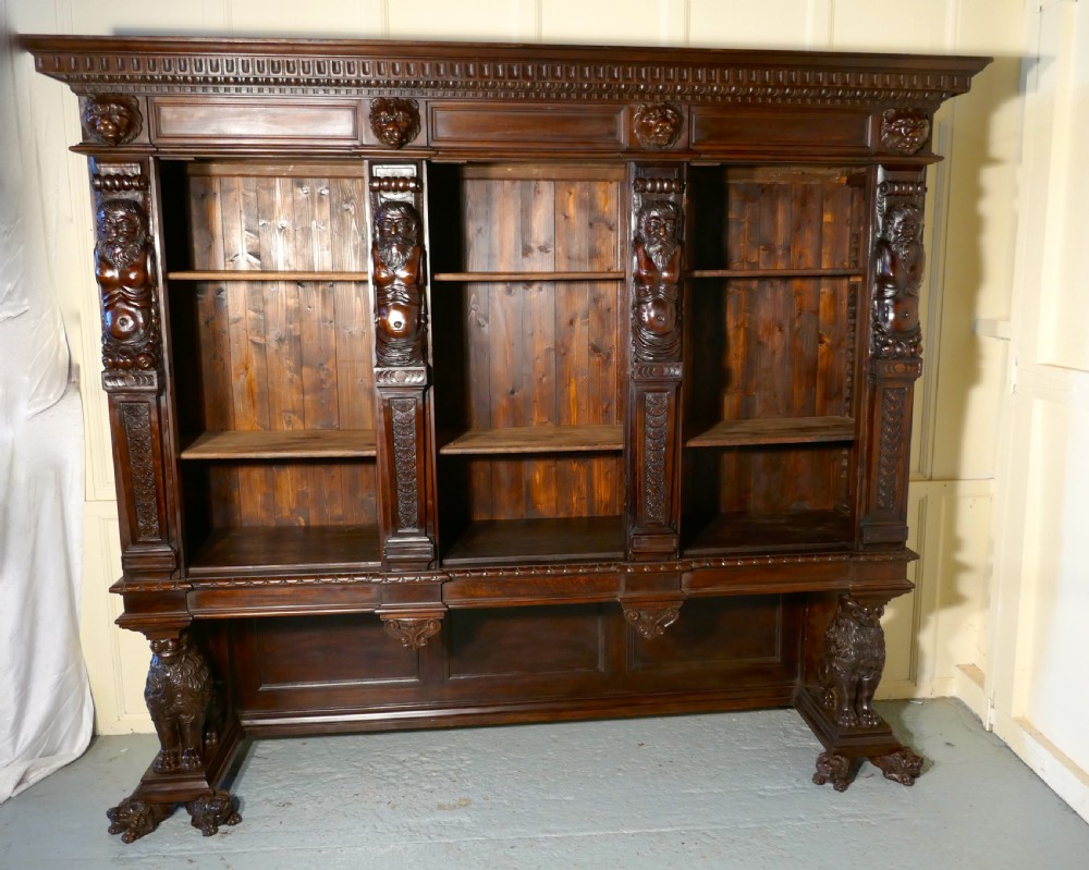 Large Walnut Open Bookcase, Carved with Lion Caryatid and Ancient Gods
