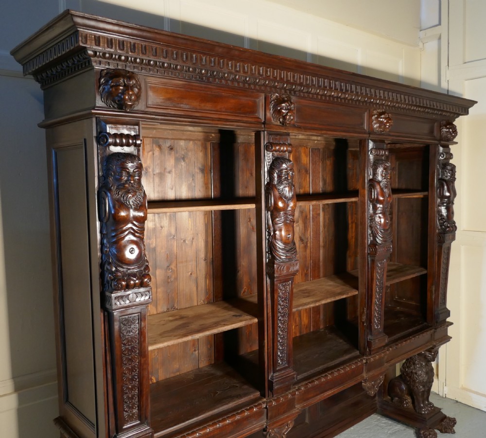 Large Walnut Open Bookcase, Carved with Lion Caryatid and Ancient Gods View V