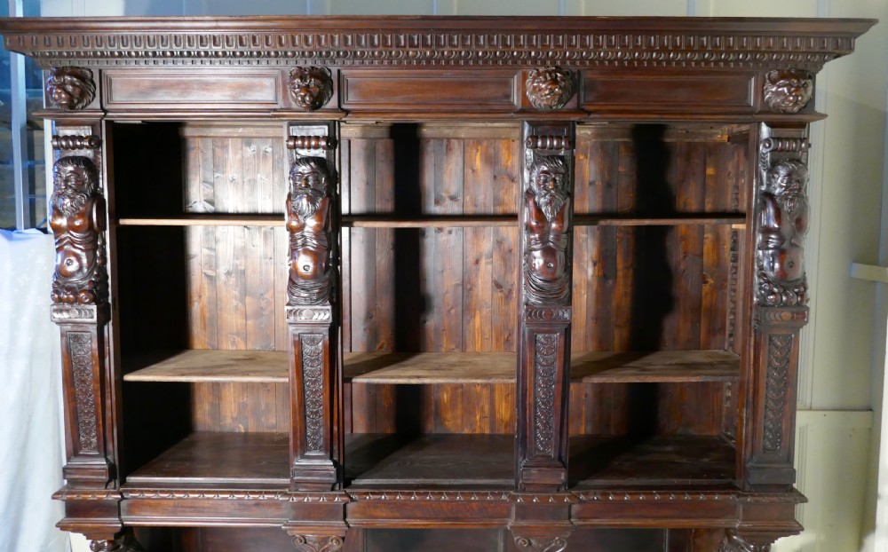 Large Walnut Open Bookcase, Carved with Lion Caryatid and Ancient Gods View VII