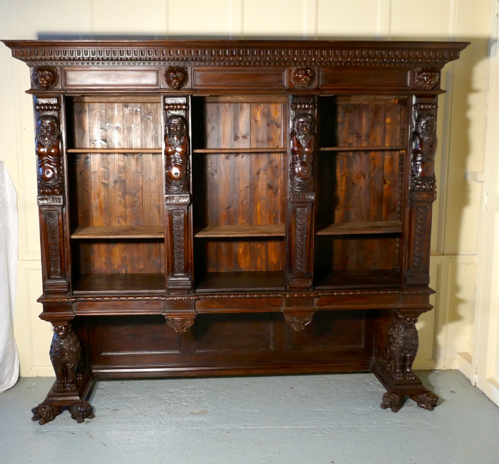 Large Walnut Open Bookcase, Carved with Lion Caryatid and Ancient Gods View VIII