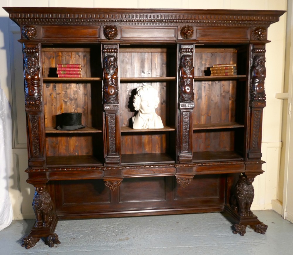 Large Walnut Open Bookcase, Carved with Lion Caryatid and Ancient Gods View X
