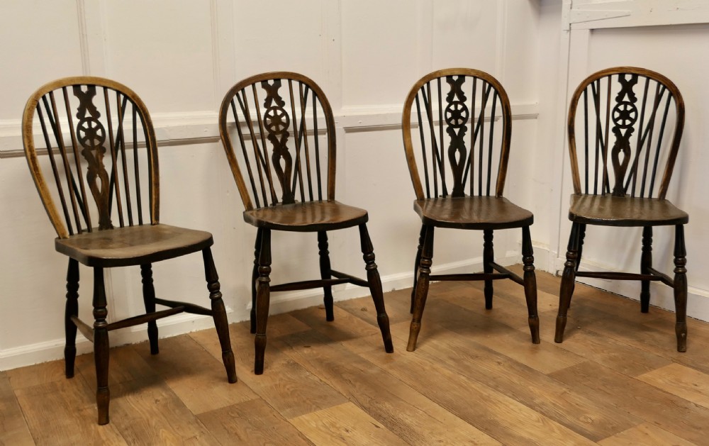A Lovely Old Set of 4 Ash & Elm Wheel Back Windsor Kitchen Chairs