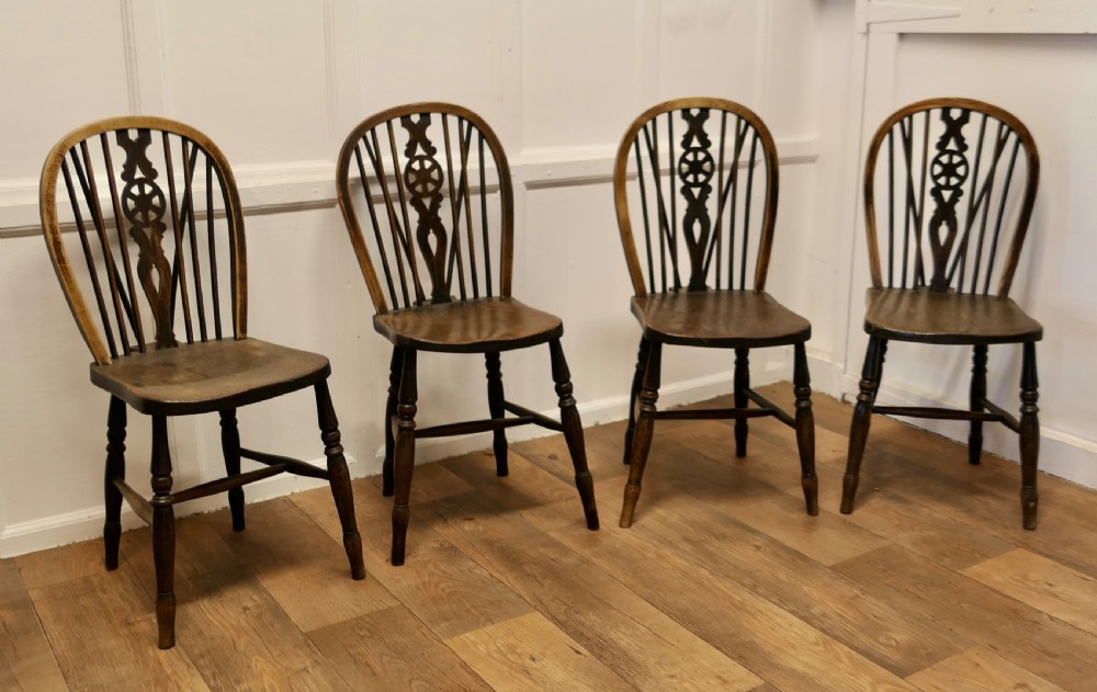A Lovely Old Set of 4 Ash & Elm Wheel Back Windsor Kitchen Chairs View II