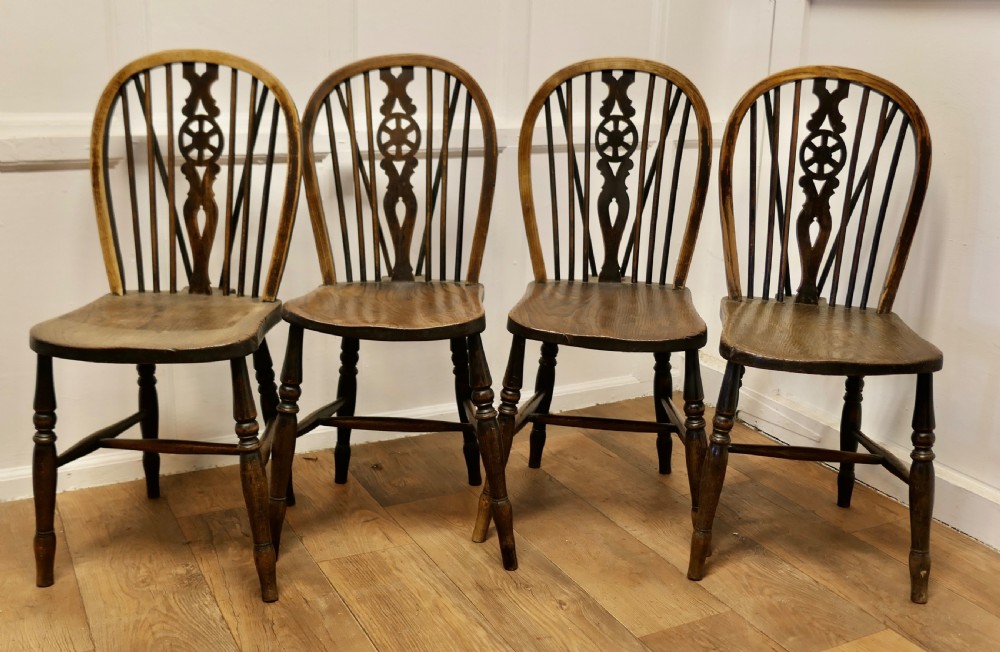A Lovely Old Set of 4 Ash & Elm Wheel Back Windsor Kitchen Chairs View III