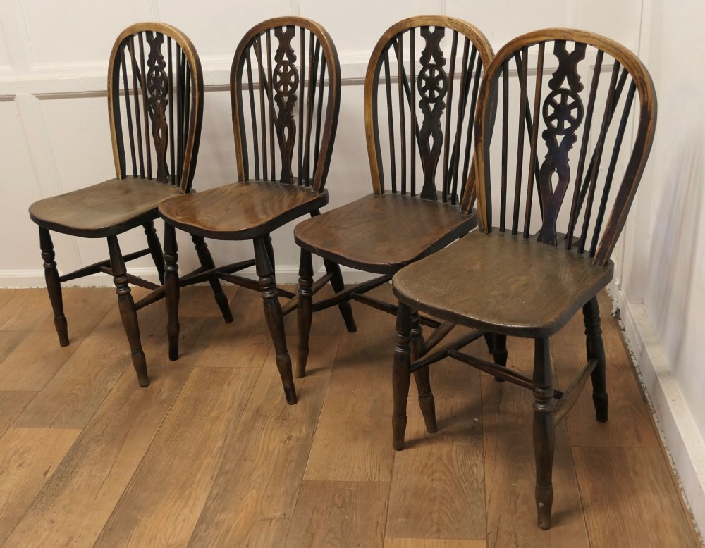A Lovely Old Set of 4 Ash & Elm Wheel Back Windsor Kitchen Chairs View V