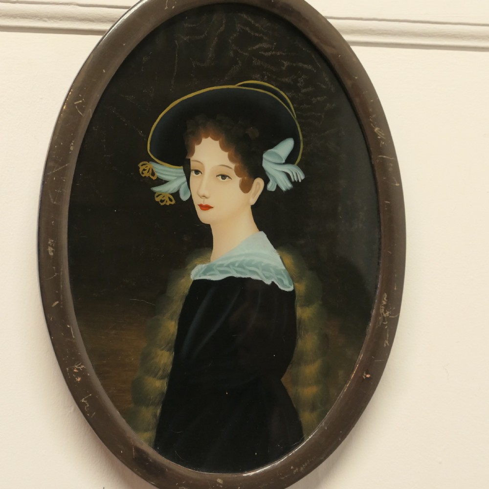 A Lovely Reverse Painted Portrait on Glass of An Edwardian Beauty