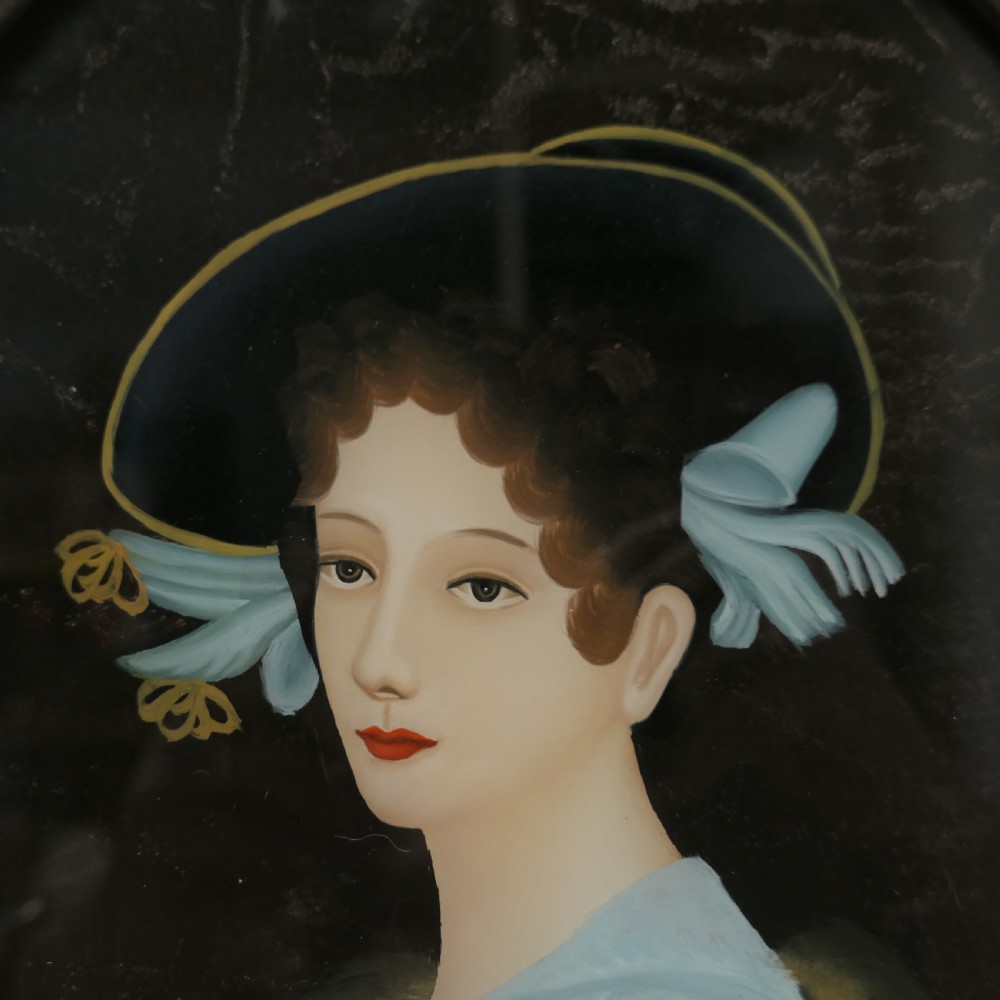 A Lovely Reverse Painted Portrait on Glass of An Edwardian Beauty View VII