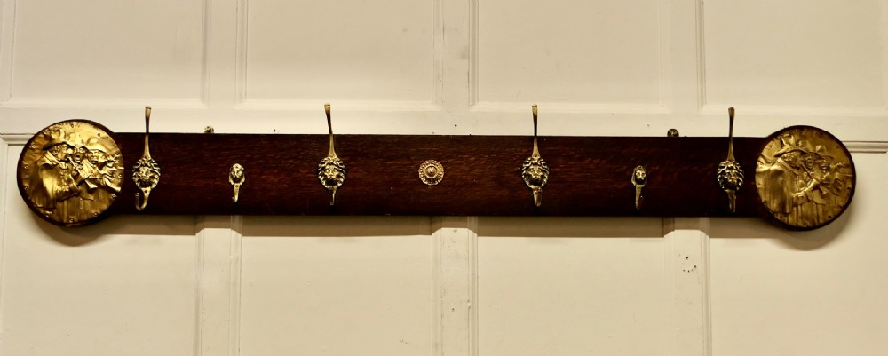 Long Oak Pub Coat Rack, with Lion’s Mask Hooks