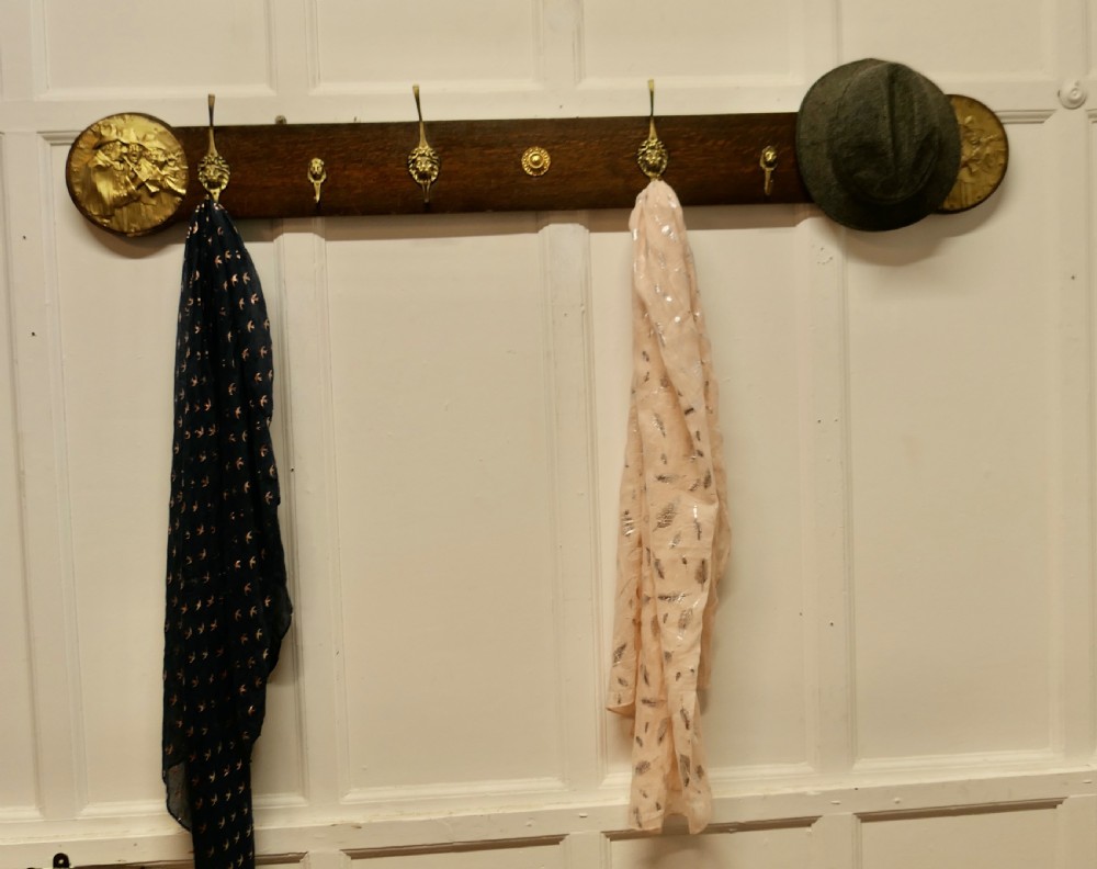Long Oak Pub Coat Rack, with Lion’s Mask Hooks View II