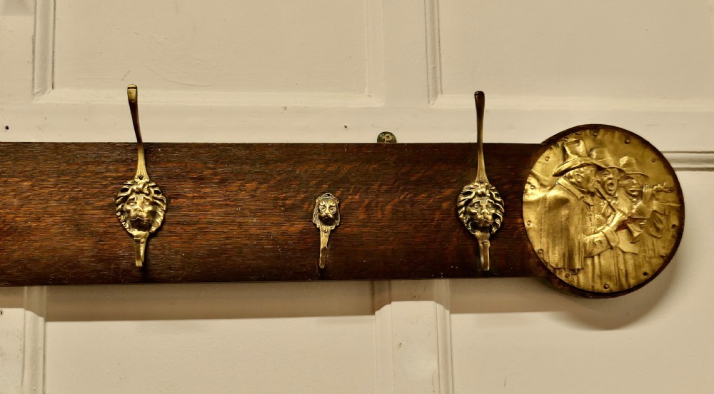 Long Oak Pub Coat Rack, with Lion’s Mask Hooks View V