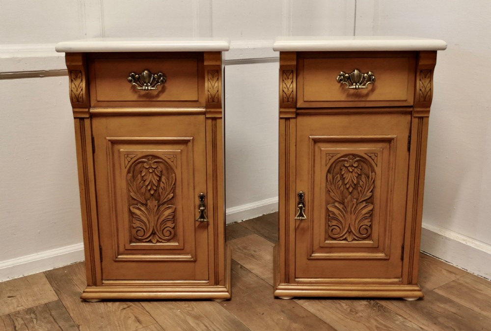 Pair of Arts and Crafts Carved Bedside Cupboards  
