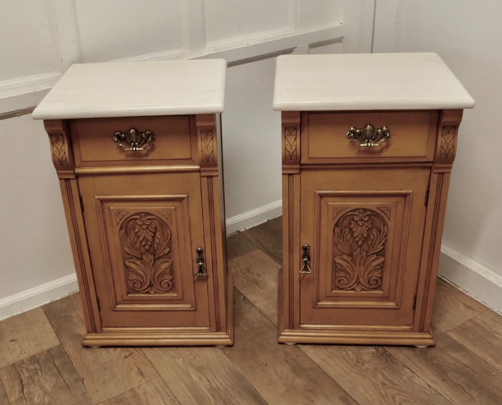 Pair of Arts and Crafts Carved Bedside Cupboards   View II