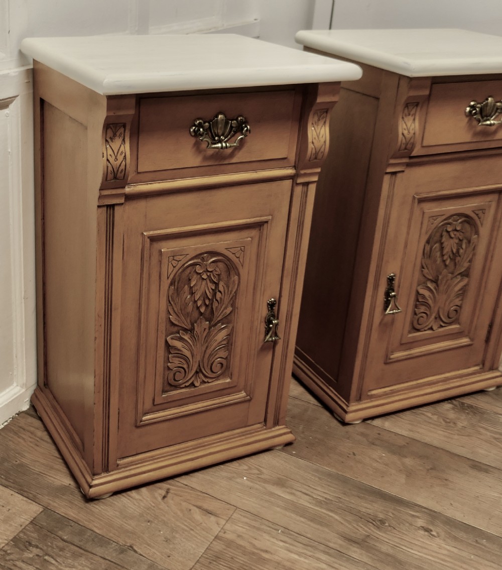 Pair of Arts and Crafts Carved Bedside Cupboards   View V