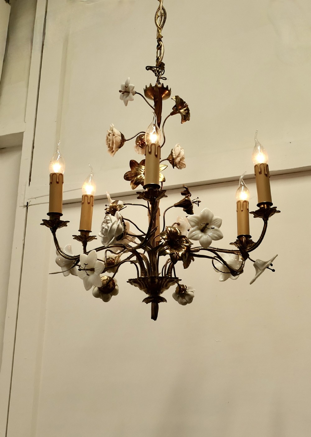 French Gilt Toleware and Floral Ceramic 6 Branch Chandelier
