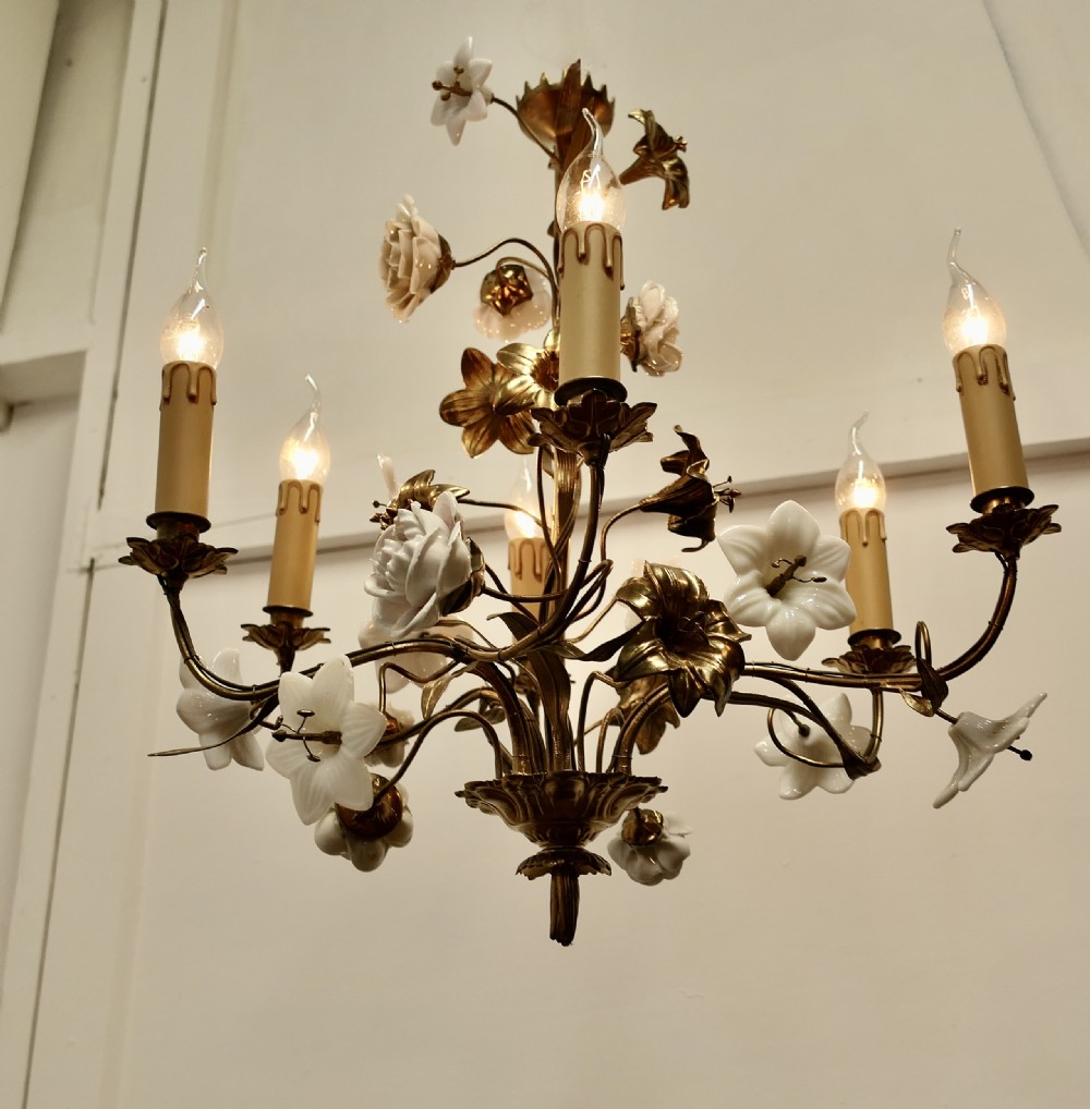 French Gilt Toleware and Floral Ceramic 6 Branch Chandelier View IV