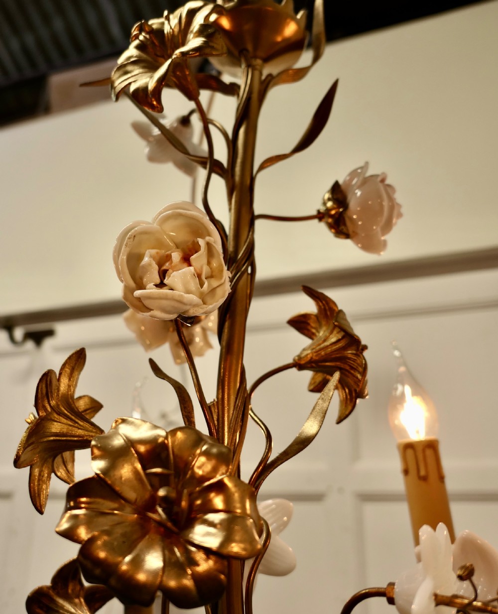 French Gilt Toleware and Floral Ceramic 6 Branch Chandelier View VII