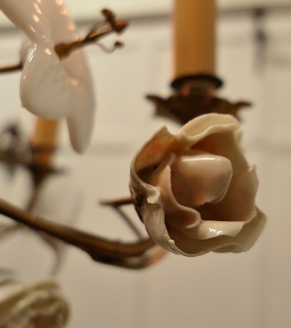 French Gilt Toleware and Floral Ceramic 6 Branch Chandelier View VIII