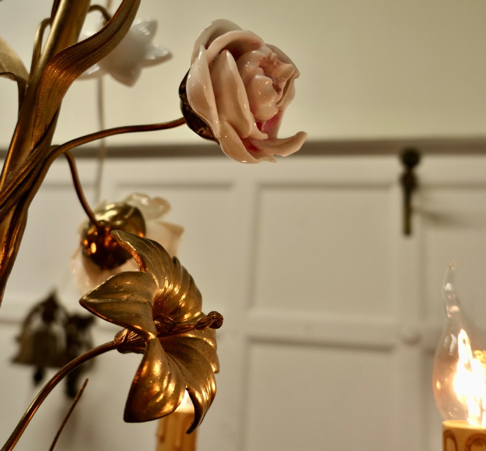 French Gilt Toleware and Floral Ceramic 6 Branch Chandelier View X