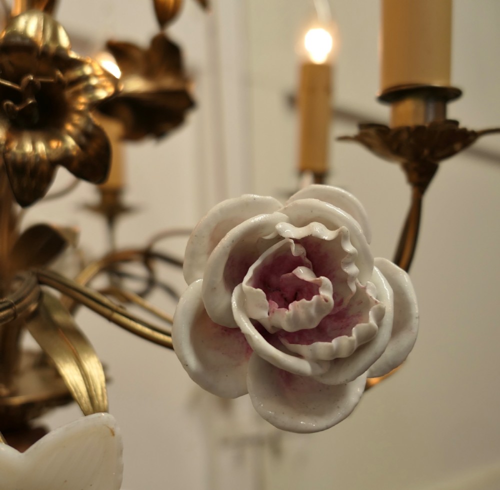 French Gilt Toleware and Floral Ceramic 6 Branch Chandelier View XI