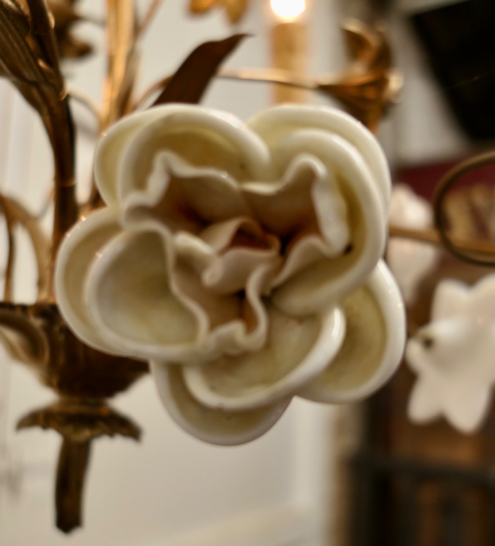 French Gilt Toleware and Floral Ceramic 6 Branch Chandelier View XII