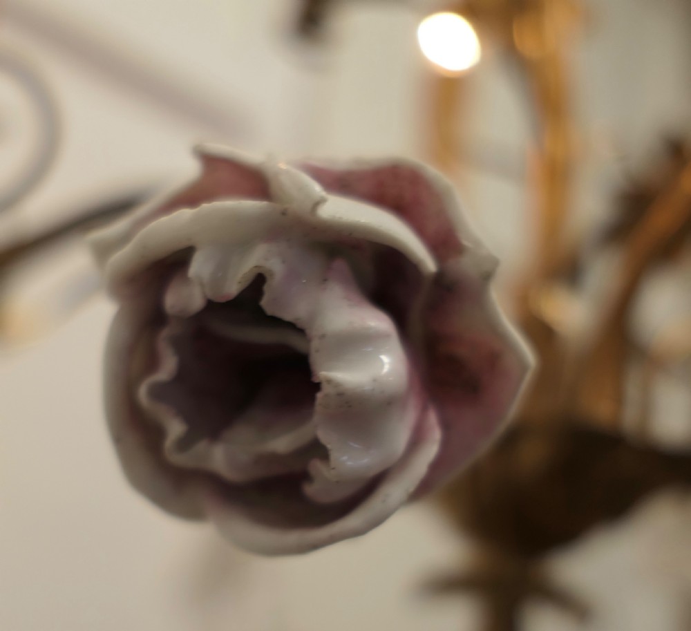 French Gilt Toleware and Floral Ceramic 6 Branch Chandelier View XIII