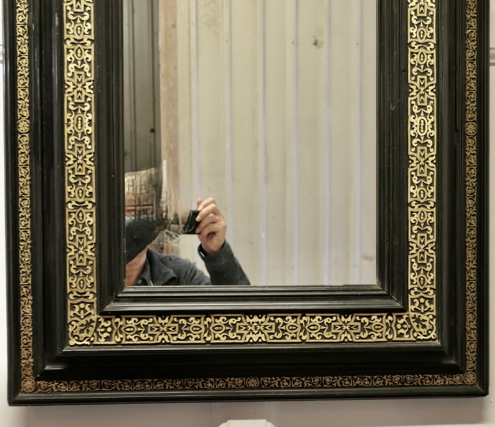 Stunning French Empire Gilt Brass and Black Lacquer Wall Mirror View II