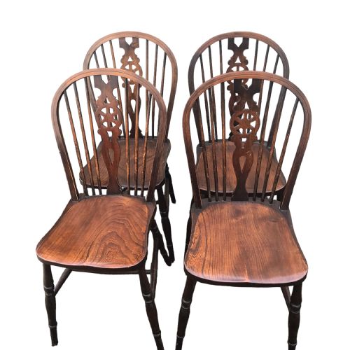 Set of Four Antique Elm Wheel Back Country  Dining Chairs 