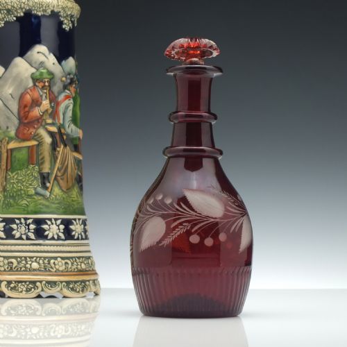19th century engraved ruby glass port decanter c1840 - CATEGORY: ANTIQUE GLASS - DATED 19TH CENTURY