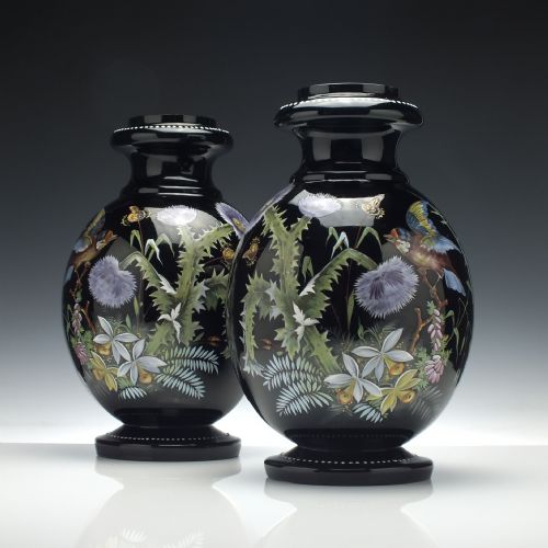 large pair of enamelled 19th century harrach black glass vases c1890 - CATEGORY: ANTIQUE GLASS - DATED 19TH CENTURY