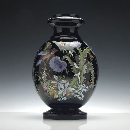 LARGE PAIR OF ENAMELLED 19TH CENTURY HARRACH BLACK GLASS VASES C1890 - ADDITIONAL PHOTO 2