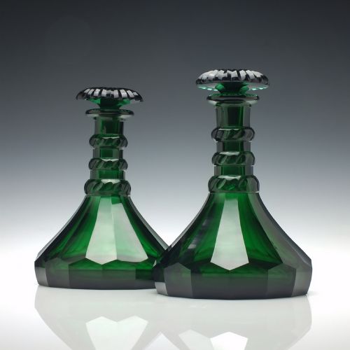 pair of george v green glass ship decanters c1920 - CATEGORY: ANTIQUE GLASS - DATED 1920